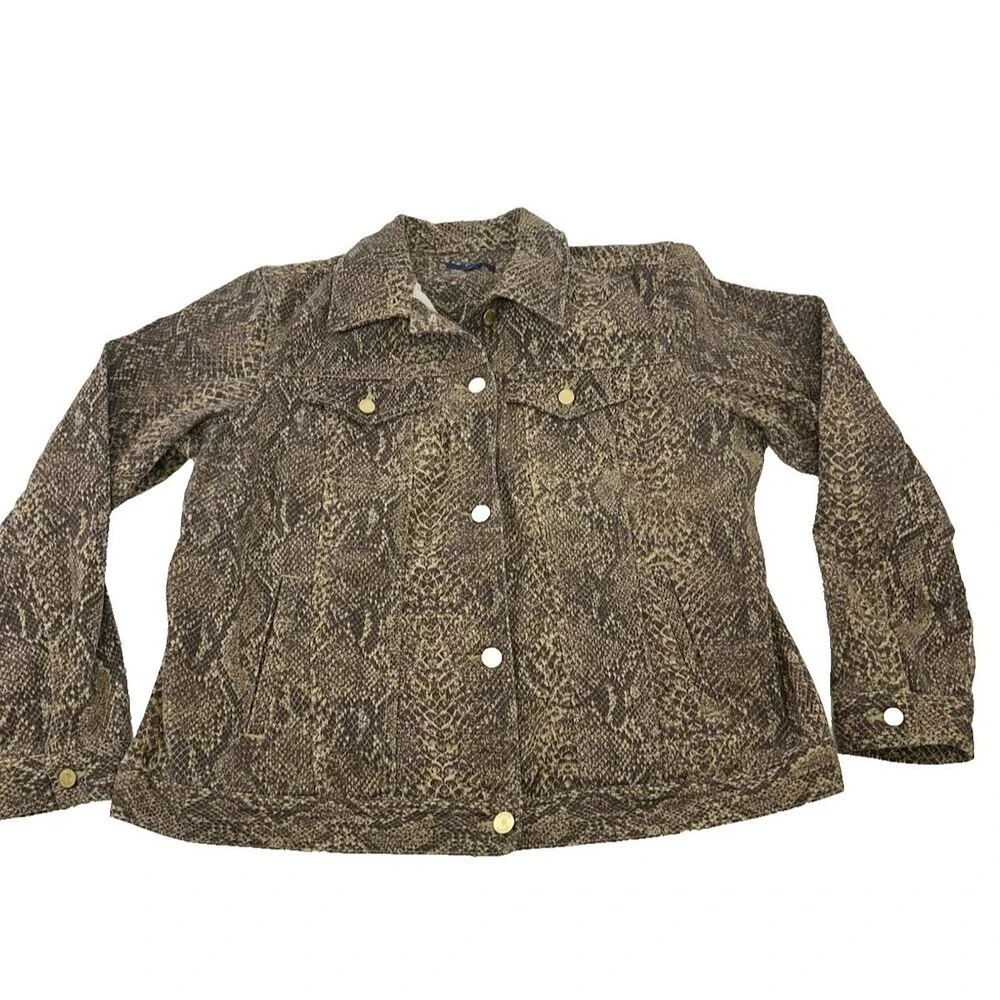 Chaps Snakeskin Python Denim Jacket Brown Button Stretch Flap‎ Pockets Womens 1X